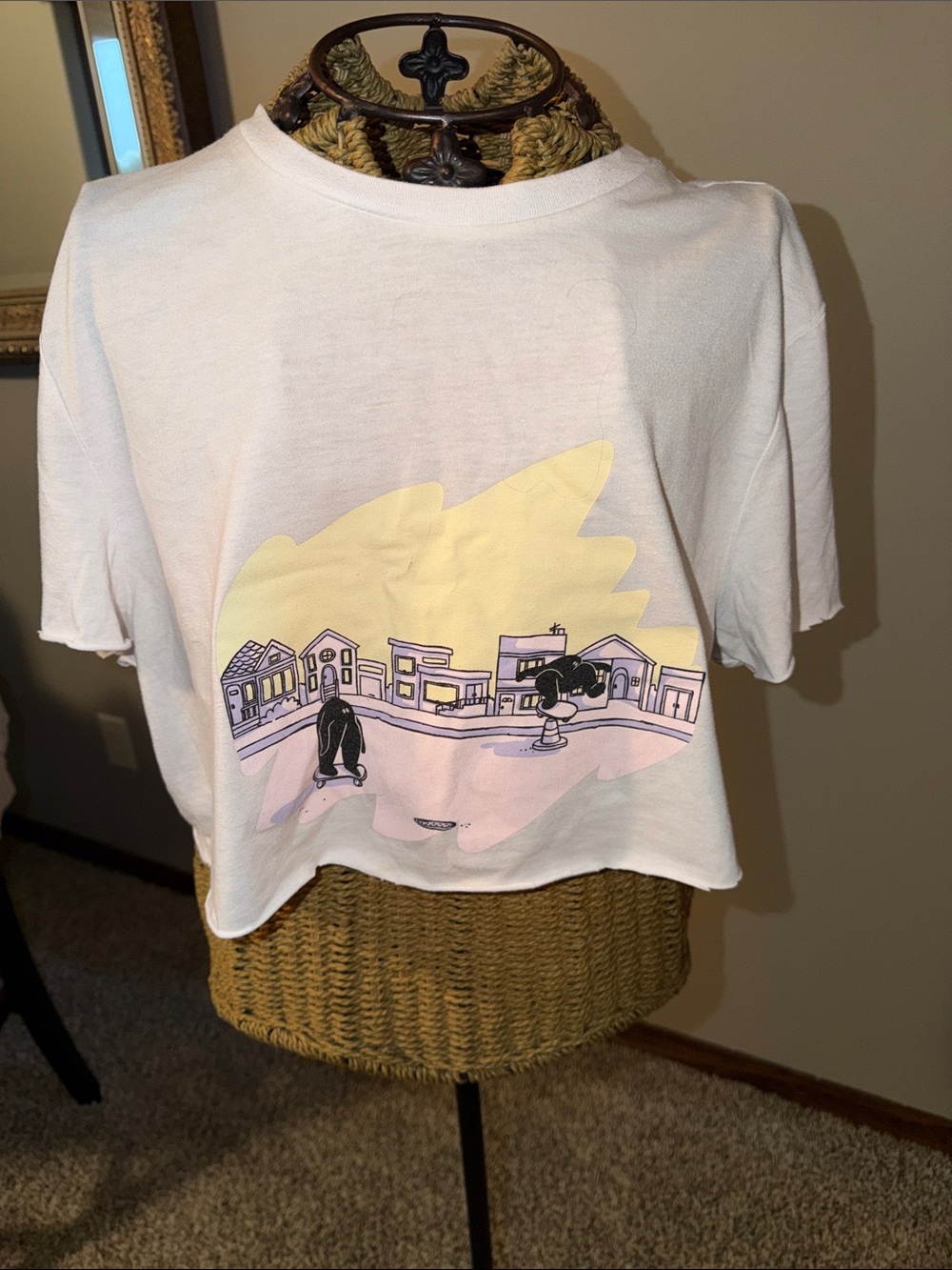 Women's Graphic Crop Tee with Pastel Skate Scene - White